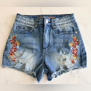 Joe's Jeans Denim Shorts with Red & Gold Floral Embroidery with adjustable waist